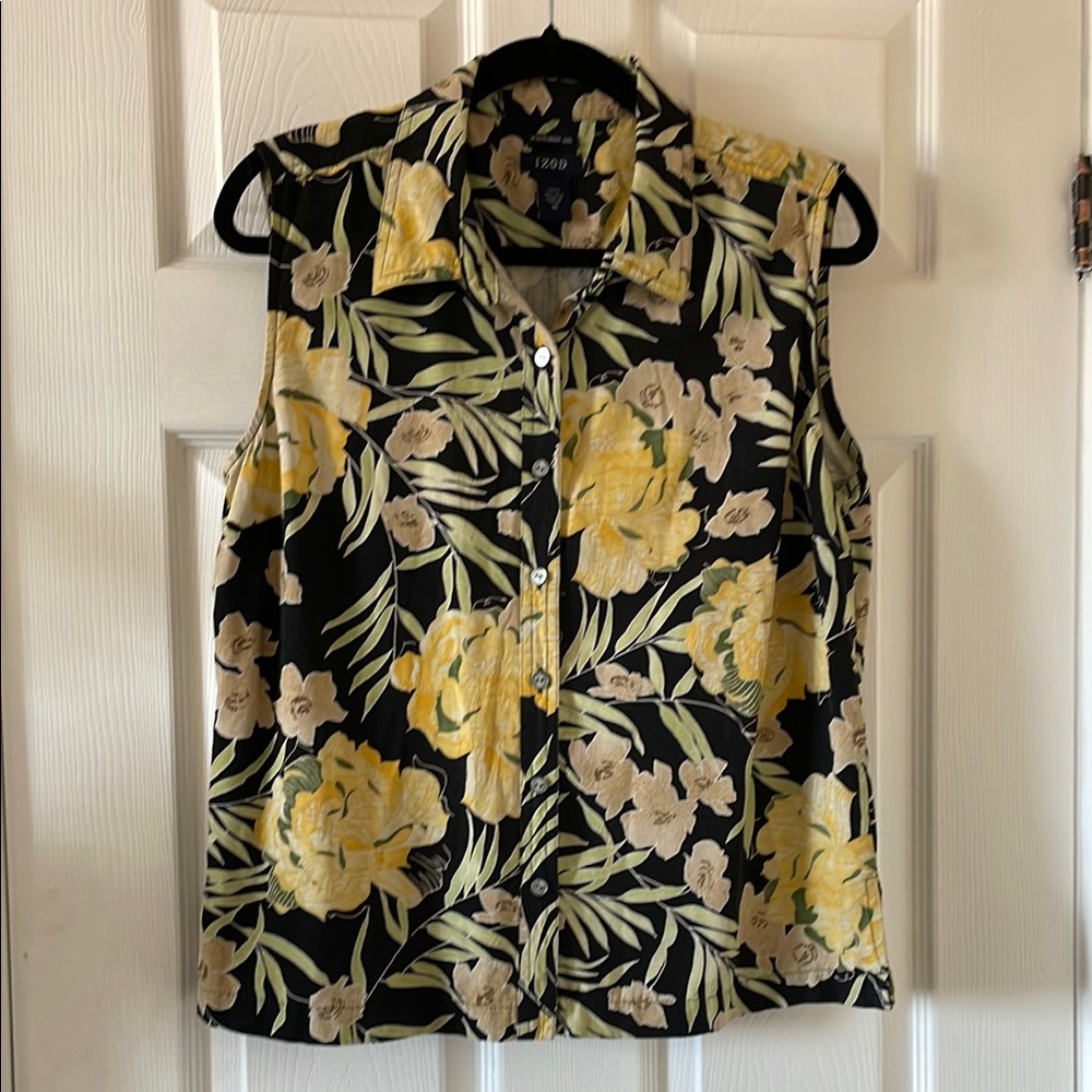 Izod silk button up golf tropical Hawaiian Bermuda sleeveless blouse resort
